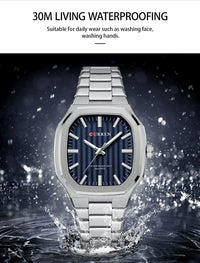CURREN Luxury Business Square Quartz Watches  Classic Stripe Design Dial with Stainless Steel Band Wristwatch for Men