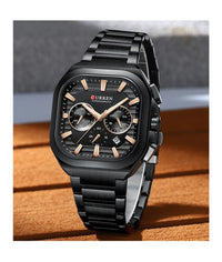 CURREN Men Square Chronograph Watch Black Stainless Steel Band with 3 Sub-Dials Casual Business Quartz Wristwatch Luminous Hands