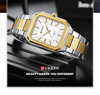 CURREN NEW Stainless Steel Strap Vintage Rectangle Dial Quartz Watches for Men Luminous Hands Waterproof