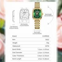 CURREN Fashion Rectangular Ladies Watches New Quartz Waterproof Stainless Steel Strap Wristwatch for Women