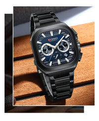 CURREN Men Square Chronograph Watch Black Stainless Steel Band with 3 Sub-Dials Casual Business Quartz Wristwatch Luminous Hands