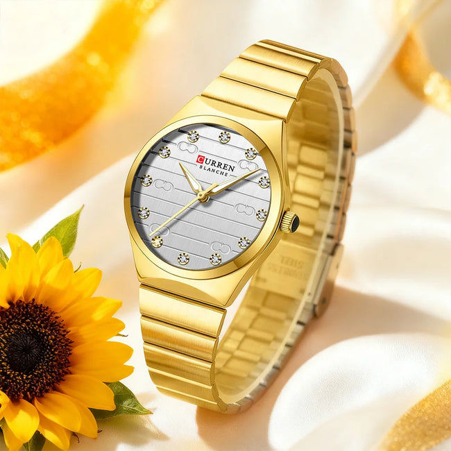 CURREN Luxury Classic Quartz Watch for Women Round Dial with Rhinestones Stainless Steel Bracelet Elegant Dress Wristwatch