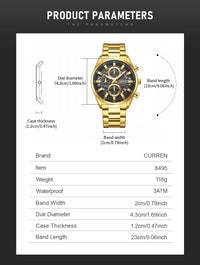CURREN Men's Multifunctional Watch with Chronograph Date Stopwatch Waterproof Watches Stainless Steel Quartz Movement Clock