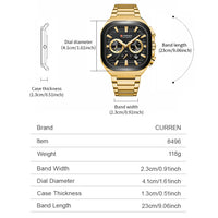 CURREN Men Square Chronograph Watch Black Stainless Steel Band with 3 Sub-Dials Casual Business Quartz Wristwatch Luminous Hands