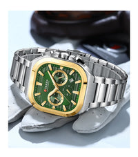 CURREN Men Square Chronograph Watch Black Stainless Steel Band with 3 Sub-Dials Casual Business Quartz Wristwatch Luminous Hands