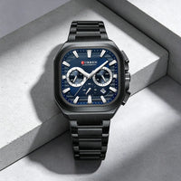 CURREN Men Square Chronograph Watch Black Stainless Steel Band with 3 Sub-Dials Casual Business Quartz Wristwatch Luminous Hands
