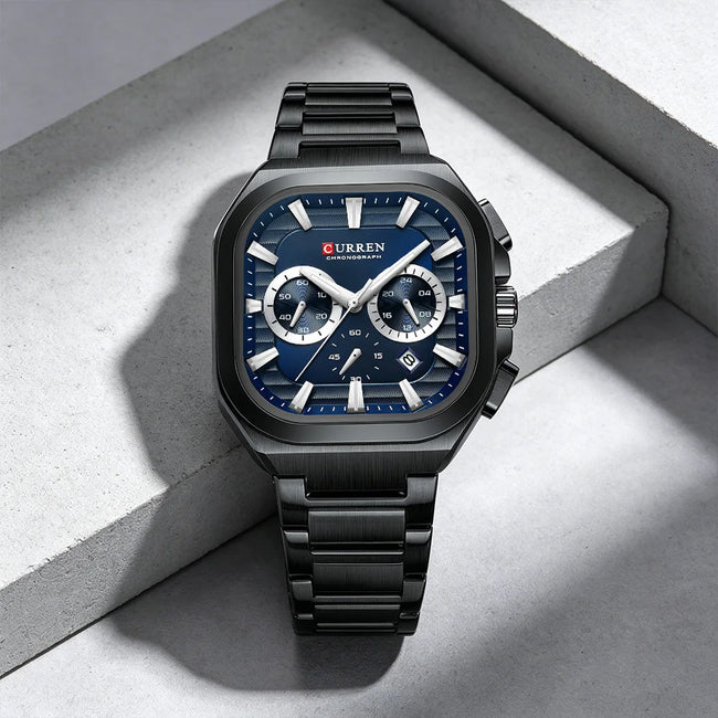 CURREN Men Square Chronograph Watch Black Stainless Steel Band with 3 Sub-Dials Casual Business Quartz Wristwatch Luminous Hands