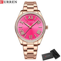 CURREN 9088 Women Luxury Quartz Watch Rhinestone Bezel Roman Numerals Dial Stainless Steel Bracelet Elegant Ladies Wristwatch