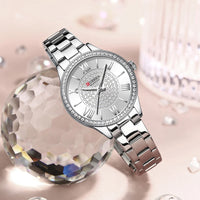 CURREN Luxury Rhinestones Rose Dial Fashion Watches with Stainless Steel Band New Quartz Wristwatches for Women