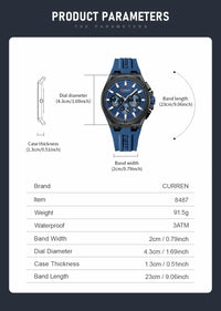 CURREN Luxury Man Wristwatch Chronograph Date Waterproof Rubber band Casual Quartz Men's Watches Sports Male Clock Reloj