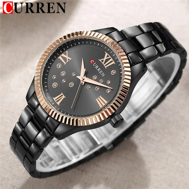 CURREN New Fashion Women Watches Top Brand Luxury Lady Girl Wristwatch Black Stainless Steel Bracelet Female Clock Gift 9009