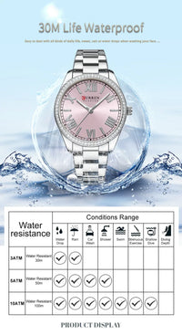 CURREN 9088 Women Luxury Quartz Watch Rhinestone Bezel Roman Numerals Dial Stainless Steel Bracelet Elegant Ladies Wristwatch