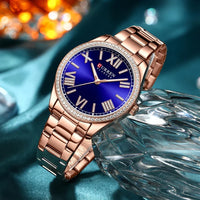 CURREN 9088 Women Luxury Quartz Watch Rhinestone Bezel Roman Numerals Dial Stainless Steel Bracelet Elegant Ladies Wristwatch