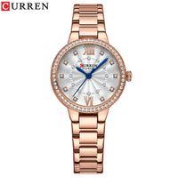 CURREN Quartz Wristwatches for Wommen Luxury Rhinestones Rose Dial Fashion Watches with Stainless Steel Band New