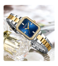 CURREN Luxurious Elegant Women's Watches Classic Rectangular Dial with Rhinestones Luminous Hands Waterproof