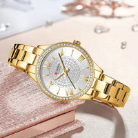 CURREN Luxury Rhinestones Rose Dial Fashion Watches with Stainless Steel Band New Quartz Wristwatches for Women