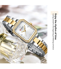 CURREN Luxurious Elegant Women's Watches Classic Rectangular Dial with Rhinestones Luminous Hands Waterproof