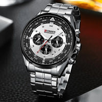 CURREN Luxury Brand Watches for Men Casual Sporty Quartz Wristwatch with 316 Stainless Steel Band Chronograph Clock Male Silver