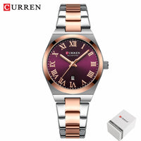 CURREN 9095 Women's Quartz Watch Fashion Calendar Leisure Analog Display Rose Gold Purple Stainless Steel Strap for Ladies Gift