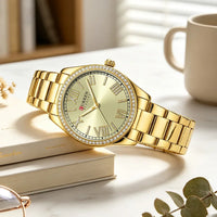 CURREN 9088 Women Luxury Quartz Watch Rhinestone Bezel Roman Numerals Dial Stainless Steel Bracelet Elegant Ladies Wristwatch
