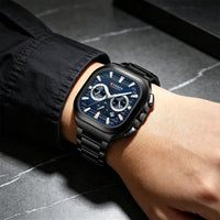 CURREN Men Square Chronograph Watch Black Stainless Steel Band with 3 Sub-Dials Casual Business Quartz Wristwatch Luminous Hands