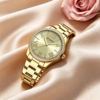 CURREN 9088 Women Luxury Quartz Watch Rhinestone Bezel Roman Numerals Dial Stainless Steel Bracelet Elegant Ladies Wristwatch