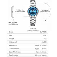 CURREN Luxury Brand Wristwatches for Women Stainless Steel Band with Elegance Dial Luminous Hands Waterproof Watch