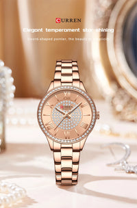 CURREN Luxury Rhinestones Rose Dial Fashion Watches with Stainless Steel Band New Quartz Wristwatches for Women