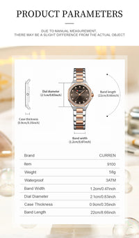 CURREN Original Quartz Watch for Women Fashion Elegant Ladies Watches Stainless Steel Waterproof Wristwatch