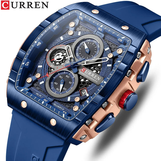 CURREN 8442 Unique Barrel Shaped Large Dial Men's Watch Casual Quartz Silicone Strap Automatic Date Chronograph Watches for Man