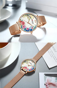 CURREN Women Watch Top Brand Luxury Gold Female Waterproof Clock Mesh Stainless Steel Bracelet Flower Ladies Wristwatch 9059