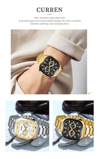 CURREN Men Square Chronograph Watch Black Stainless Steel Band with 3 Sub-Dials Casual Business Quartz Wristwatch Luminous Hands