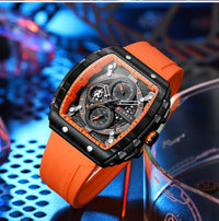 CURREN Tonneau Dial Sport Watch for Men Fashion Waterproof Quartz Wristwatch with Auto Date Yellow Silicone Strap Luminous