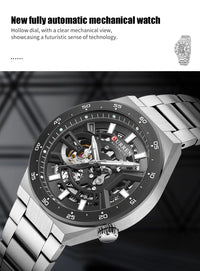 CURREN Skeleton Hollow Dial Automatic Mechanical Watch for Men 42mm Stainless Steel Band Business Sport Wristwatch with Luminous