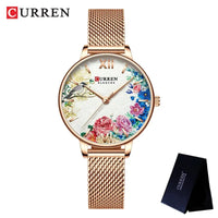 CURREN Women Watch Top Brand Luxury Gold Female Waterproof Clock Mesh Stainless Steel Bracelet Flower Ladies Wristwatch 9059