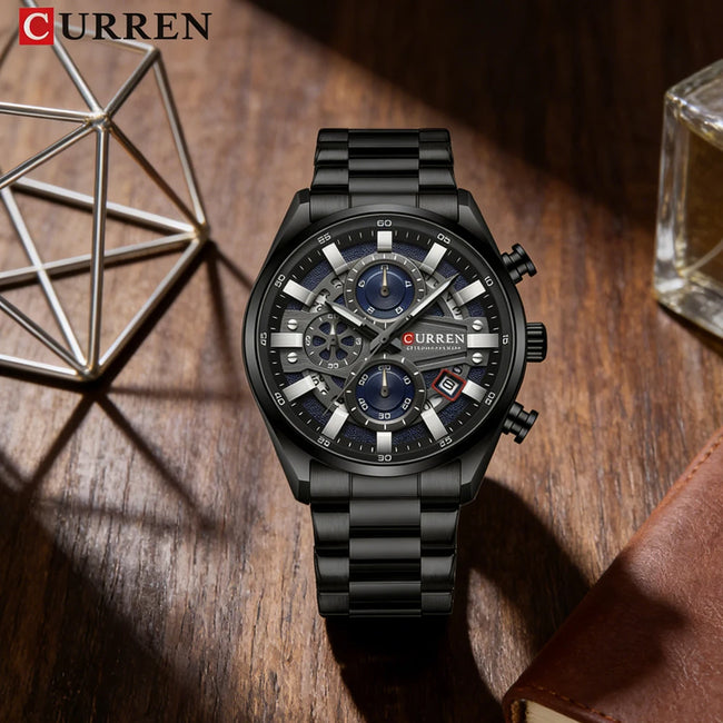 CURREN Men's Multifunctional Watch with Chronograph Date Stopwatch Waterproof Watches Stainless Steel Quartz Movement Clock