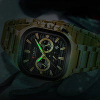 CURREN Men Square Chronograph Watch Black Stainless Steel Band with 3 Sub-Dials Casual Business Quartz Wristwatch Luminous Hands