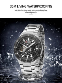 CURREN Skeleton Hollow Dial Automatic Mechanical Watch for Men 42mm Stainless Steel Band Business Sport Wristwatch with Luminous