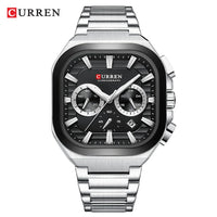 CURREN Men Square Chronograph Watch Black Stainless Steel Band with 3 Sub-Dials Casual Business Quartz Wristwatch Luminous Hands