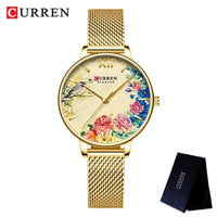 CURREN Women Watch Top Brand Luxury Gold Female Waterproof Clock Mesh Stainless Steel Bracelet Flower Ladies Wristwatch 9059