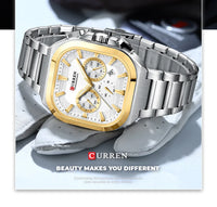 CURREN Men Square Chronograph Watch Black Stainless Steel Band with 3 Sub-Dials Casual Business Quartz Wristwatch Luminous Hands