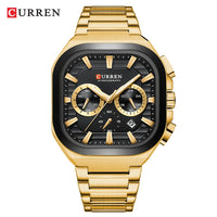 CURREN Men Square Chronograph Watch Black Stainless Steel Band with 3 Sub-Dials Casual Business Quartz Wristwatch Luminous Hands