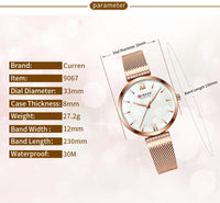 CURREN 9067 Minimalist Quartz Watch for Ladies, Stylish Alloy Mesh Stainless Steel Strap Wristwatch
