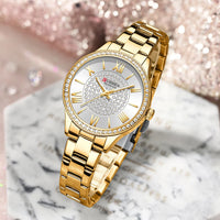CURREN Luxury Rhinestones Rose Dial Fashion Watches with Stainless Steel Band New Quartz Wristwatches for Women