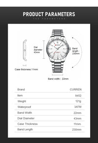 CURREN 8452 Men Quartz Watch Simple Fashion Leisure Business Clock Black Silvery Stainless Steel Strap Wristwatch for Male
