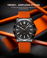CURREN 8449 Men's Quartz Watch Fashion Leisure Outdoor Clock Analog Display Black Orange Silicone Strap Wristwatch for Male