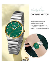 CURREN Luxury Classic Quartz Watch for Women Round Dial with Rhinestones Stainless Steel Bracelet Elegant Dress Wristwatch