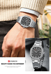 CURREN Luxury Business Square Quartz Watches  Classic Stripe Design Dial with Stainless Steel Band Wristwatch for Men