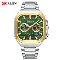CURREN Men Square Chronograph Watch Black Stainless Steel Band with 3 Sub-Dials Casual Business Quartz Wristwatch Luminous Hands