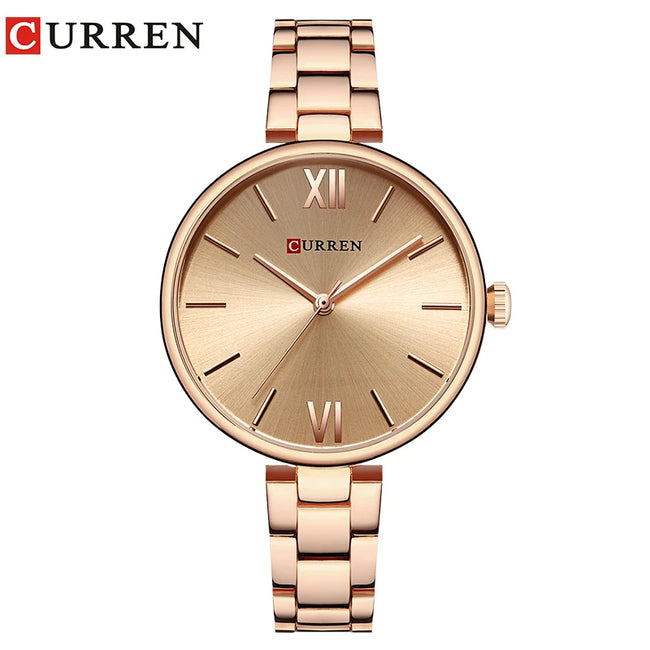 CURREN 9017 Roman Numeral Quartz Watch for Ladies, Waterproof Minimalist Casual Wristwatch with Stainless Steel Strap